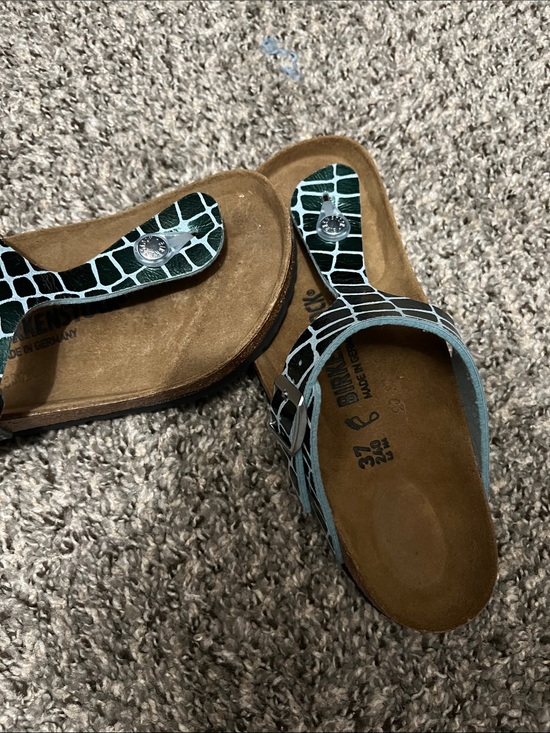 Birkenstock Shoes - Birkenstock Green Croc-Print Thong Slide Sandals